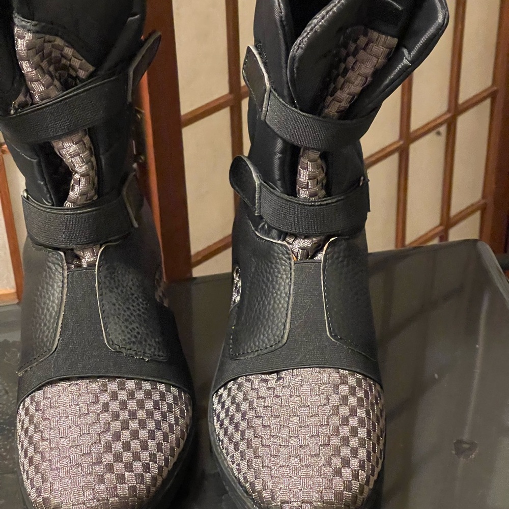 bernie mev. Black and Taupe Woven Toe Ankle Booties